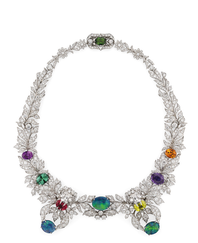 GUCCI COLLIER COLLECTION HORTUS DELICIARUM EN OR BLANC, DIAMANTS, SAPHIRS, SPINELLE, BÉRYL, GRENAT MANDARIN, TOURMALINES ET TROIS OPALES